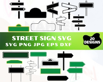 Puede incluir: Una colección de veinte diseños digitales de señales de calle en negro, blanco y verde. El gráfico incluye varias siluetas de señales rectangulares, en forma de flecha y arqueadas sobre postes, con el texto STREET SIGN SVG 20 DESIGNS en el centro.