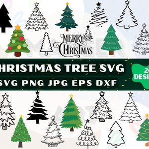 Könnte beinhalten: Eine Sammlung von 20 Weihnachtsbaum-Designs in den Formaten SVG, PNG, JPG, EPS und DXF. Die Designs umfassen verschiedene Stile, von einfachen Silhouetten bis hin zu detaillierten Illustrationen, mit Sternen und Ornamenten. Der Text "CHRISTMAS TREE SVG" ist prominent dargestellt.