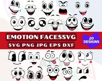 Pacchetto di faccine con espressioni facciali in stile cartone animato in formato SVG, occhi da fumetto in formato SVG, clipart divertenti (download digitale)