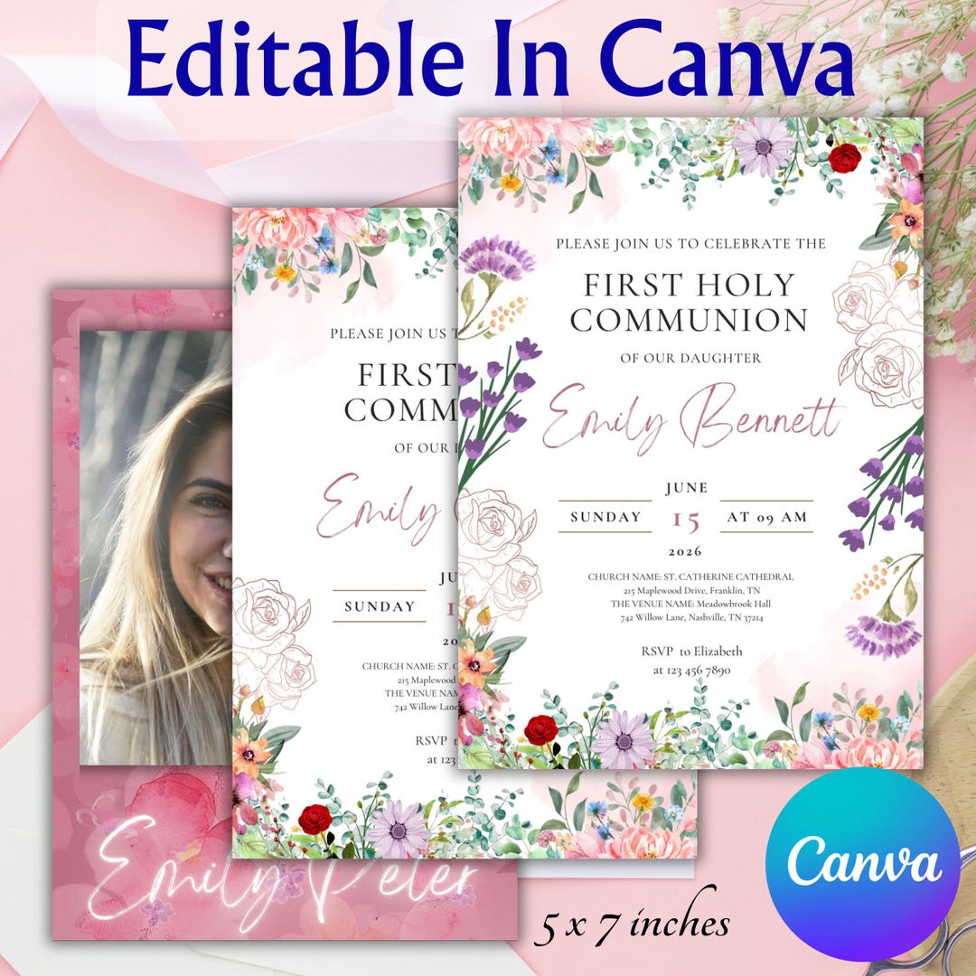 Wildflower First Communion Invitation Template: Editable Canva Design ...