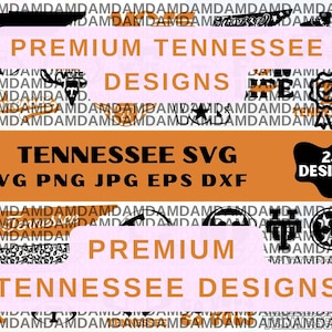 Op de afbeelding: Een digitale collectie van 23 grafische ontwerpen met het thema Tennessee, voorzien van staatsomtrekken, typografie en iconen in zwart en oranje. De tekst luidt PREMIUM TENNESSEE DESIGNS, TENNESSEE SVG, SVG PNG JPG EPS DXF en 23 DESIGNS op een patroon.