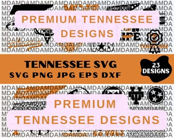 May include: A digital collection of 23 Tennessee-themed graphic designs featuring state outlines, typography, and icons in black and orange. The text reads PREMIUM TENNESSEE DESIGNS, TENNESSEE SVG, SVG PNG JPG EPS DXF, and 23 DESIGNS on a patterned background.