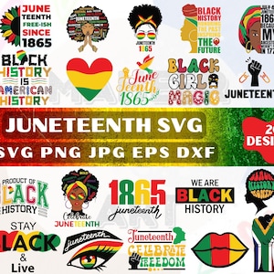 May include: A collection of 20 Juneteenth-themed SVG designs. The designs include text and graphics celebrating Black history and freedom, such as "June 1865," "Black History," and "Celebrate Freedom." The color palette includes red, green, yellow, and black.