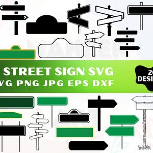 May include: A set of 20 black and white street sign SVG designs. The designs include various shapes and styles of street signs, including directional signs, stop signs, and warning signs. The designs are perfect for creating custom signs, decals, or other crafts.