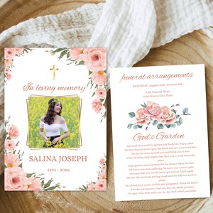 Puede incluir: Tarjetas de arreglos funerarios con detalles florales y dorados. Una tarjeta presenta una foto de una mujer y el texto "In loving memory" y "Salina Joseph". La otra tarjeta tiene el texto "funeral arrangements" y un poema titulado "God's Garden".