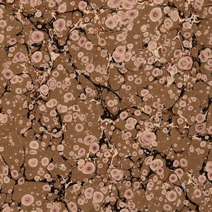 May include: Brown and tan marbled paper with a complex pattern of swirling lines and circular shapes. The design features dark brown veins and light pink and white accents, creating a textured, organic appearance. The paper has a vintage aesthetic.
