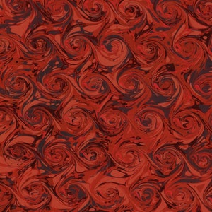 Puede incluir: Un patrón sin costuras con un diseño veteado y arremolinado en tonos de rojo y marrón oscuro. El patrón presenta un motivo repetitivo de formas en espiral, creando una apariencia dinámica y texturizada. Este diseño de tela es adecuado para varios proyectos de artesanía y diseño.