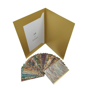 Juego de 12 tarjetas plegadas y carpeta grande, papel jaspeado a mano Dodin y cartulina dorada, de primera calidad y hecho a mano, tamaño A4/Carta+