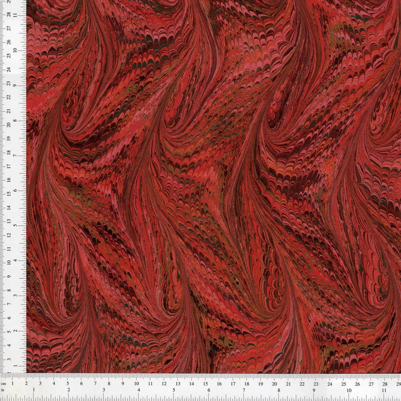 Combed Pattern Hand Marbled Paper, Combed Pattern, Gold & Silver on Red, Bookbinding ...