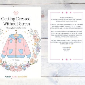 Może przedstawiać: Okładka książki "Getting Dressed Without Stress" z ilustracją różowej kurtki z niebieskimi detalami w kształcie serca i niebieskim kapturem. Tekst po prawej stronie zawiera informacje o przewodniku i autorce, Shayna.