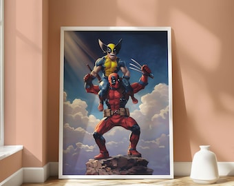 Impresión artística de dibujos animados inspirada en Deadpool y Wolverine / Arte de pared imprimible / Descarga digital / Decoración de dormitorio / Póster de cómic