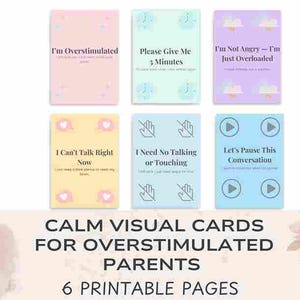 Tarjetas visuales relajantes para padres / Señales de apoyo para la sobreestimulación / Kit imprimible para madres neurodivergentes / Tamaño carta (A4)