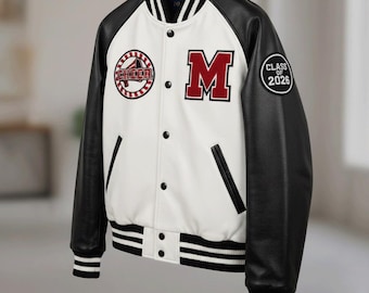 Kundenspezifische P-R Varsity-Lederjacke, maßgeschneiderte echtes Rindsleder Jet Black & White Color Herren Varsity-Jacken Ideales Geschenk für ihn.