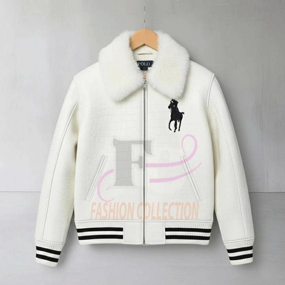 Polo leather Jacket White Crocodile Leather Bomber Jacket Polo Embroidered Jacket With Fur