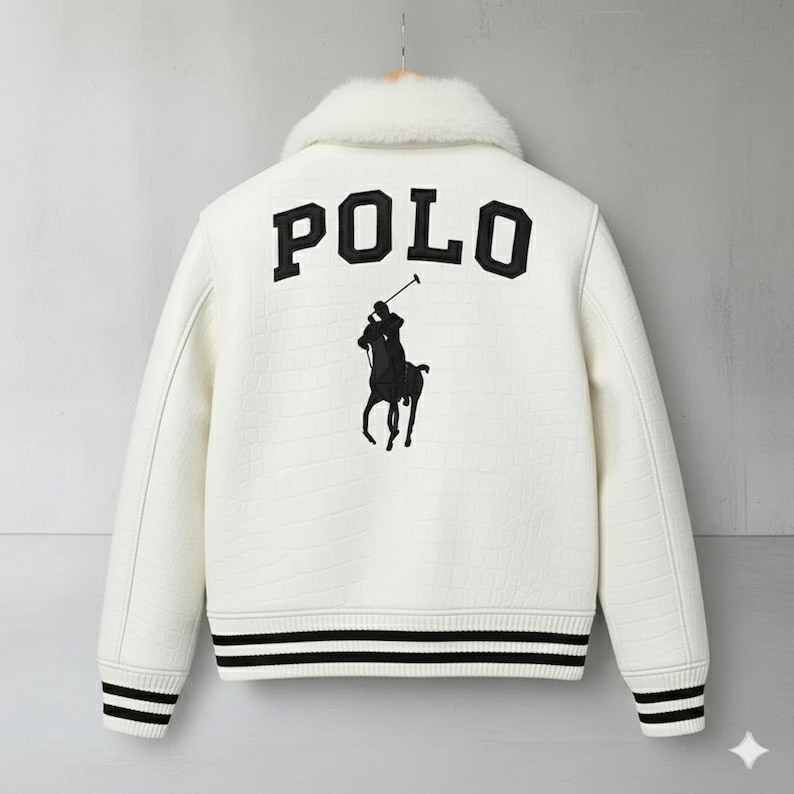 Chaqueta de piel Polo Chaqueta bomber de piel de cocodrilo blanca Chaqueta Polo bordada con piel / Regalo ideal imagen 1