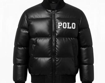 Herren Kugelfisch Polo Lederjacke Echte Schaffell Schwarz Leder Bomberjacke, P / R Pferdegestickte Winterjacken, Ideal Gifted