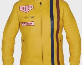Chaqueta de moto de piel de vacuno para hombre, chaqueta de carreras amarilla Steve McQueen hecha a mano a medida. Abrigo de motociclista estilo café racer vintage, regalo para él.