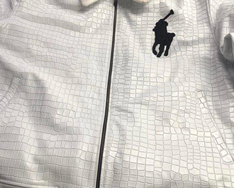 Chaqueta de piel Polo Chaqueta bomber de piel de cocodrilo blanca Chaqueta Polo bordada con piel / Regalo ideal imagen 6