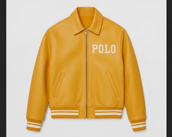 Chaqueta de cuero Varsity Cowsoft amarilla de Ralph Lauren con bordado de polo / Chaqueta bomber estilo vintage para hombre / Regalo de Navidad ideal para él.