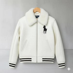 Chaqueta de piel Polo Chaqueta bomber de piel de cocodrilo blanca Chaqueta Polo bordada con piel / Regalo ideal imagen 2
