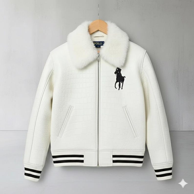 Chaqueta de piel Polo Chaqueta bomber de piel de cocodrilo blanca Chaqueta Polo bordada con piel / Regalo ideal imagen 2