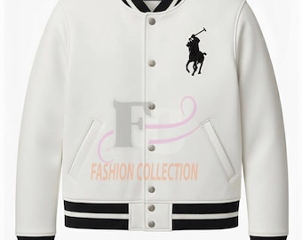 Chaqueta bomber de piel de vacuno blanca Polo, chaqueta bordada Polo con pelo / Chaqueta vintage, chaqueta de instituto, regalo de Navidad