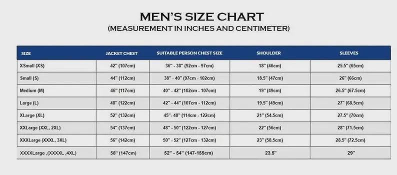 Puede incluir: Una tabla de tallas para hombre con medidas en pulgadas y cent&iacute;metros. Detalla el contorno de pecho de la chaqueta, el contorno de pecho adecuado, hombros y mangas, desde XSmall hasta XXXXLarge. Encabezado en azul oscuro.