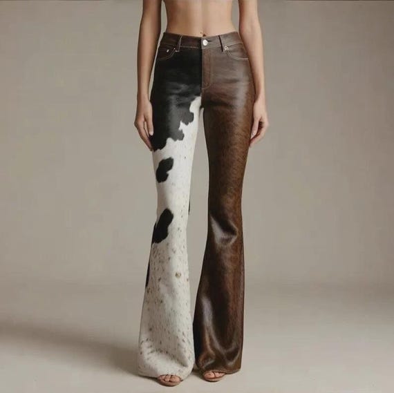 Genuine Cowhide Hair On Skin Leather pant Ladies, Custom Natural Leather Handmade Western Bell Bottom pant /Ideal Christmas Gift for women