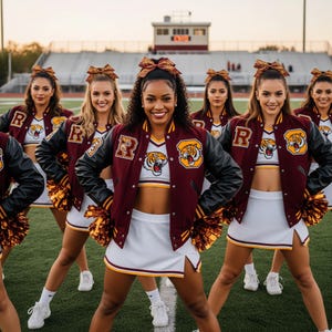 Può includere: Un gruppo di cheerleader indossa giacche collegiali bordeaux e nere, gonne e top bianchi. Le giacche presentano un logo di tigre e la lettera "R". Tengono in mano pompon dorati e bordeaux e sorridono su un campo verde.