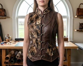 Frauen Hair On Hide Lederweste, Custom Handmade Western Rindsleder Biker Weste, echte Pony Haut Leder Weste Boho Fashion / Geschenk für Sie