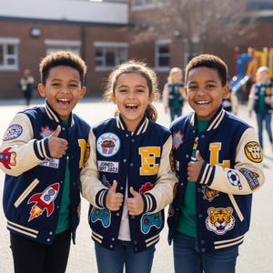 Puede incluir: Tres niños sonriendo, vistiendo chaquetas universitarias azul marino y crema con parches y las letras "E" y "L". Las chaquetas tienen un cohete, un tigre y otros parches. Los niños hacen una señal de pulgar hacia arriba.