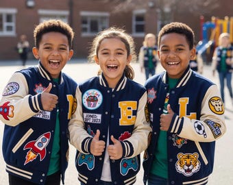 Personalisierte Kid Name Varsity Unisex Jacke, Benutzerdefinierte Patches Jacke Letterman Schule, College Initialen & Name Jacke Ideales Geschenk für ihn / sie