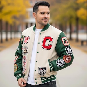 Varsity Personalized Letterman Jacket, Basketball team jacket, Men Jacket with Achievement Patches, Custom School Names / best gift for him