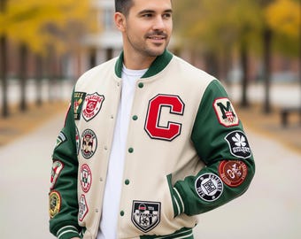 Varsity personalisierte Letterman Jacke, Basketball-Teamjacke, Herrenjacke mit Achievement Patches, benutzerdefinierte Schulnamen / bestes Geschenk für ihn