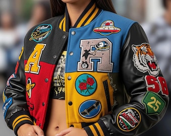 Crop Top Frauen Letterman Jacke mit benutzerdefinierten Chenille Patches, Basketball, Schule, Spirit Cropped Fit, Cheer Head, Geschenk für Sie