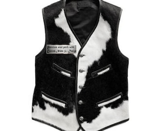 Natürliches Rindsleder Haar auf der Haut Western Weste Männer, mit individuellem Namen und Design Patch, Weste aus echtem Leder im Vintage Stil, ideal als Geschenk