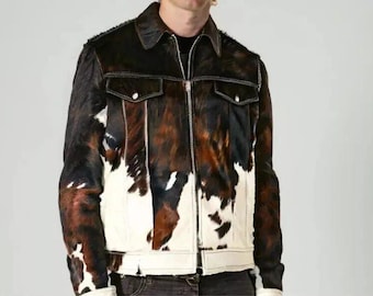 Maßgeschneiderte Herren Western Rindsleder Lederjacke - Echte Hair-On Kuhhaut, Naturleder, Biker Racer Truck Stilvoll für ihn