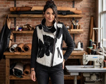 Frauen Hair On Hide Lederweste, Custom Handmade Western Rindsleder Biker Weste, echte Pony Haut Leder Weste Boho Fashion / Geschenk für Sie