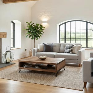 Rustic Industrial Coffee Table with Storage Shelf, Solid Pine, Hairpin Legs