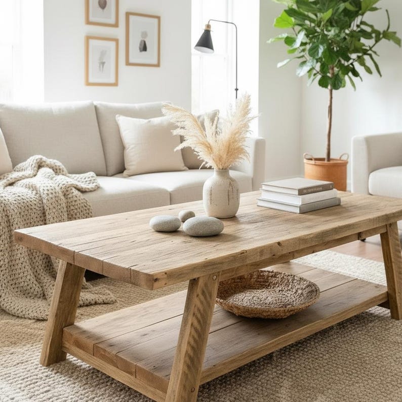 Yarmouth Handmade Reclaimed Wood Coffee Table With Storage Shelf, Rustic Country Farmhouse Table afbeelding 2