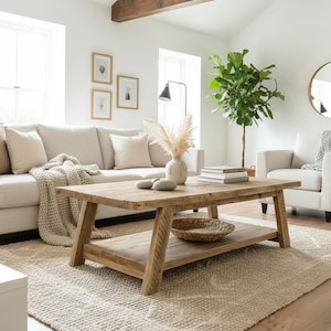 Yarmouth Handmade Reclaimed Wood Coffee Table With Storage Shelf, Rustic Country Farmhouse Table afbeelding 1