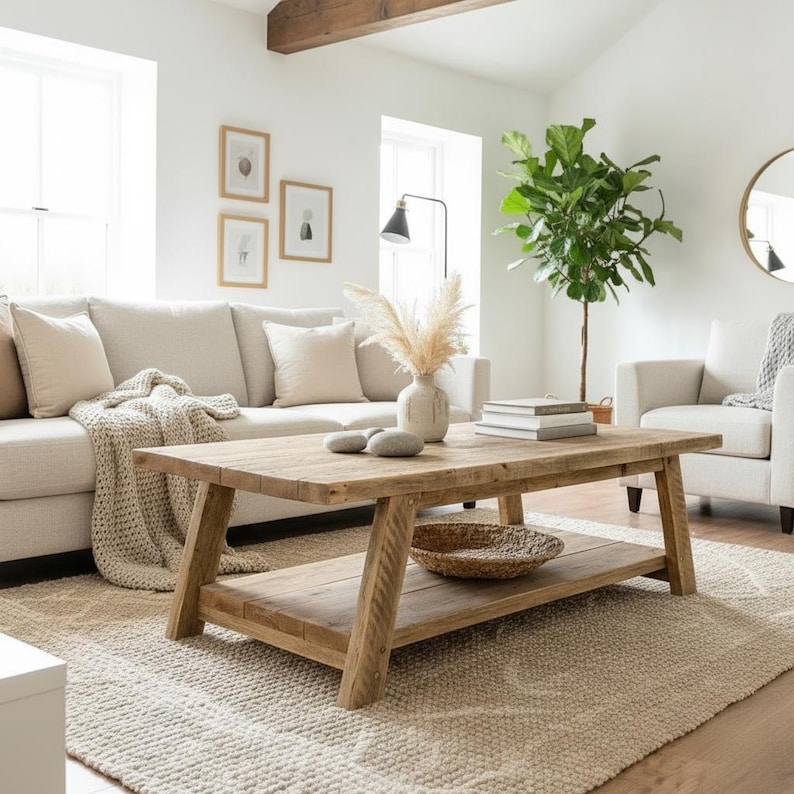 Yarmouth Handmade Reclaimed Wood Coffee Table With Storage Shelf, Rustic Country Farmhouse Table afbeelding 1