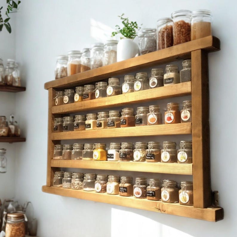 Rustic Wooden Spice Rack, Wall Mounted Herb Shelf, Farmhouse Kitchen ...