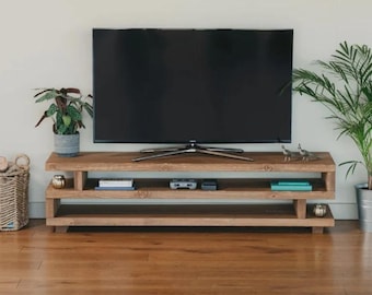 Handmade Rustic Pine TV Stand, Solid Wood Media Console with Open Shelving