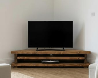Handmade Rustic Solid Wood Corner TV Stand with Open Shelving
