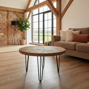 Rustic Round Wood Coffee Table, Metal Hairpin Legs, Handmade Industrial Furniture