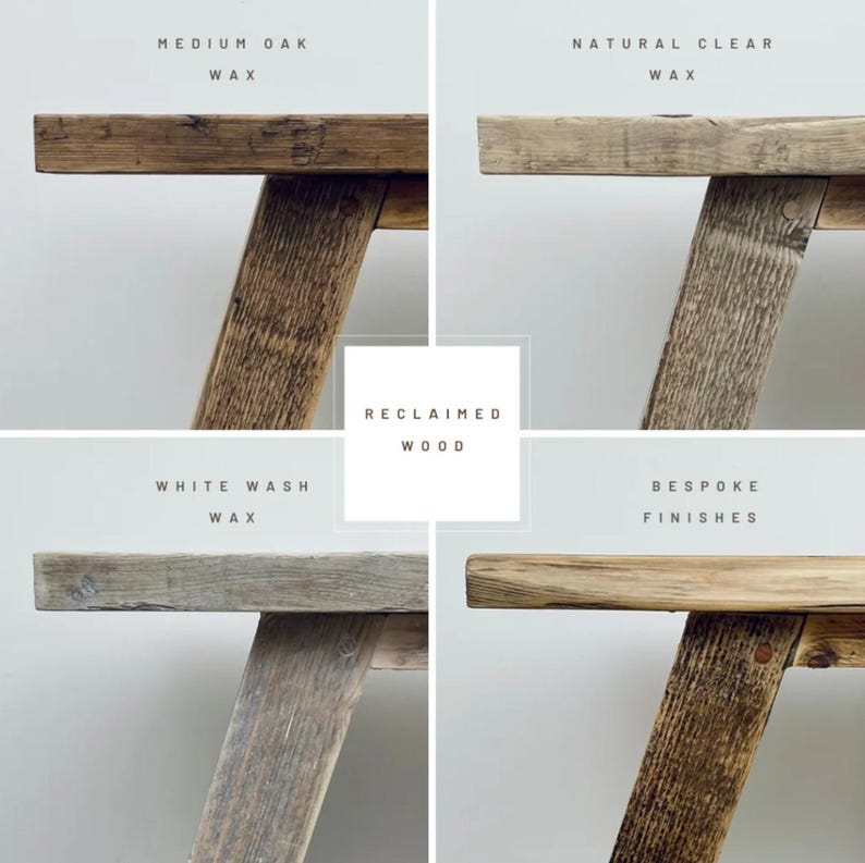 Op de afbeelding: Een collage met vier verschillende houtafwerkingen: Medium Oak Wax, Natural Clear Wax, White Wash Wax en Bespoke Finishes. De tekst "RECLAIMED WOOD" staat in het midden. Elke afwerking benadrukt de houtnerf en textuur, ideaal voor meubels.