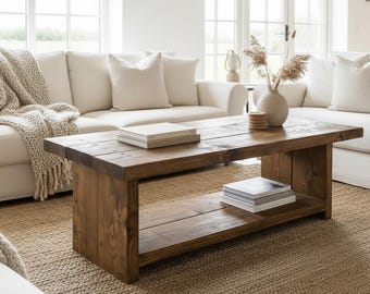 Handmade Rustic Solid Wood Coffee Table with Shelf