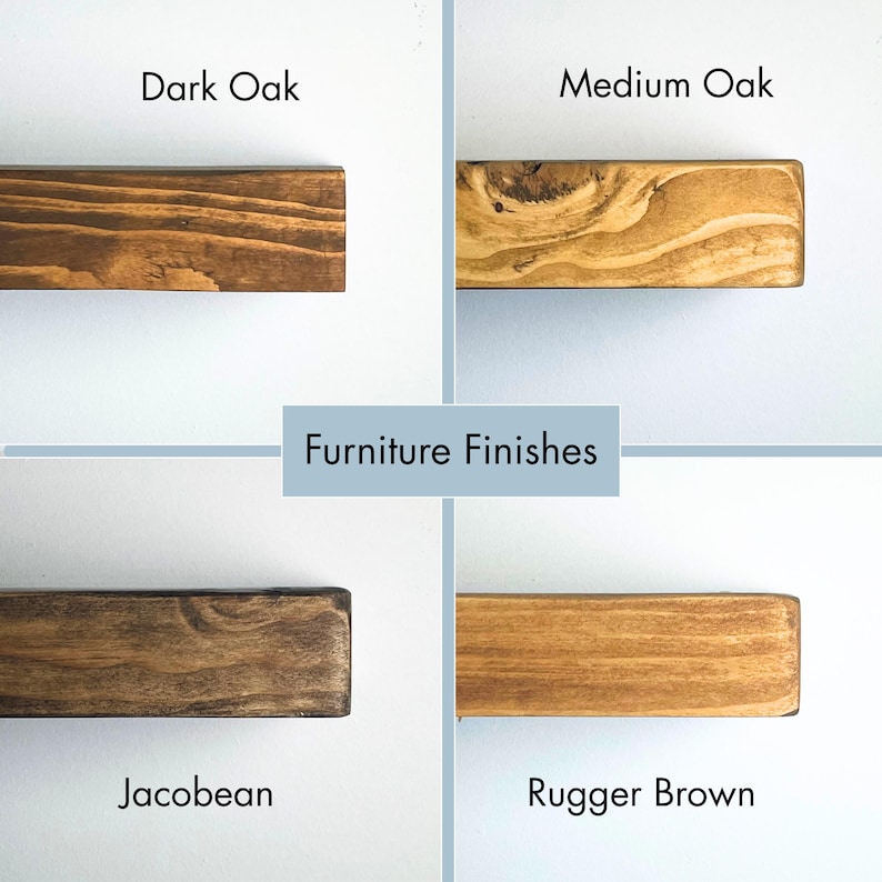 May include: Image showcasing four different wood furniture finishes: Dark Oak, Medium Oak, Jacobean, and Rugger Brown. Each finish is displayed on a rectangular wood sample, with the name of the finish labeled below. The text "Furniture Finishes" is also present.