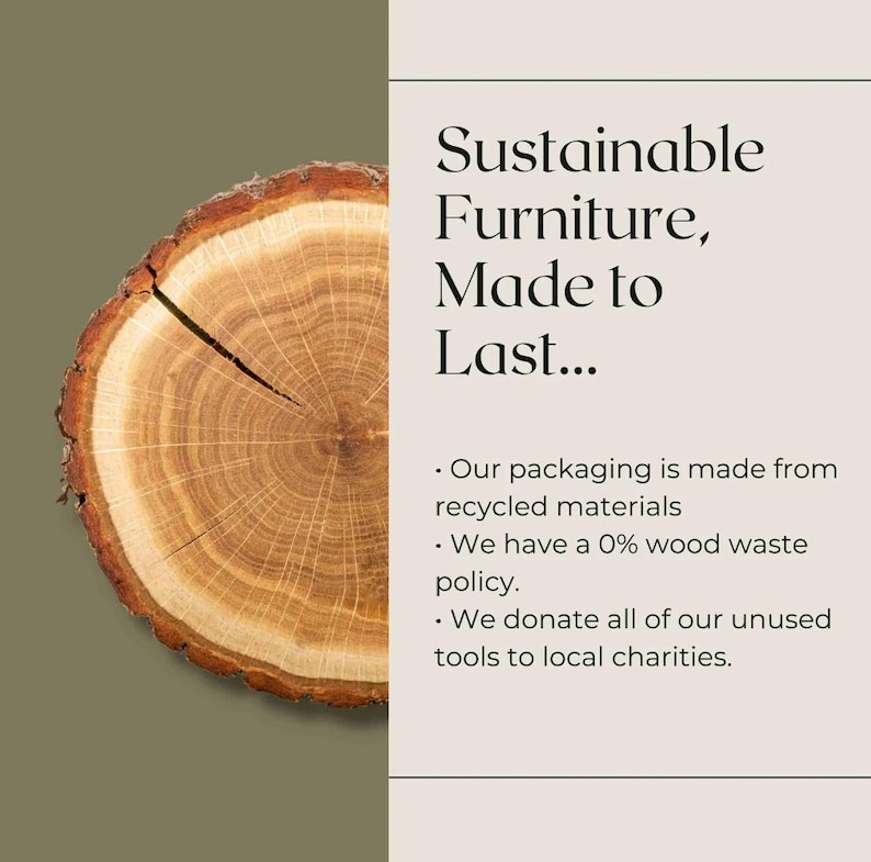 Op de afbeelding: Een dwarsdoorsnede van een boomstam met zichtbare groeiringen, tegen een gedempte groene achtergrond. Tekst: "Sustainable Furniture, Made to Last..." met informatie over gerecyclede materialen en donaties.